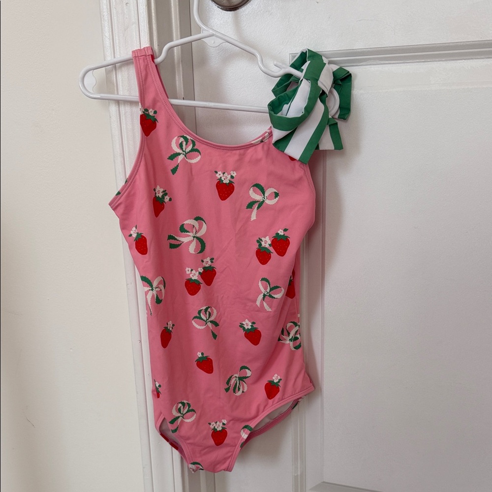 The Beaufort Bonnet Company Pink Swimsuit with Green Bow Accents